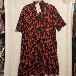 ZARA Size Large Dress Floral Rose Print Ruffle Babydoll Black Red Flowers